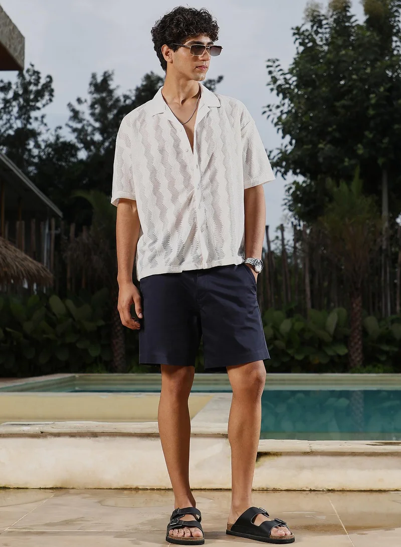 Campus Sutra Campus Sutra Men Swirl Flat-Knit Resort Oversized Shirt | Cuban Collar Short Regular Sleeves | Button Closure Straight Hem | Solid Jacquard | Knitted Fabric For Casual & Vacation Wear | Cloud White