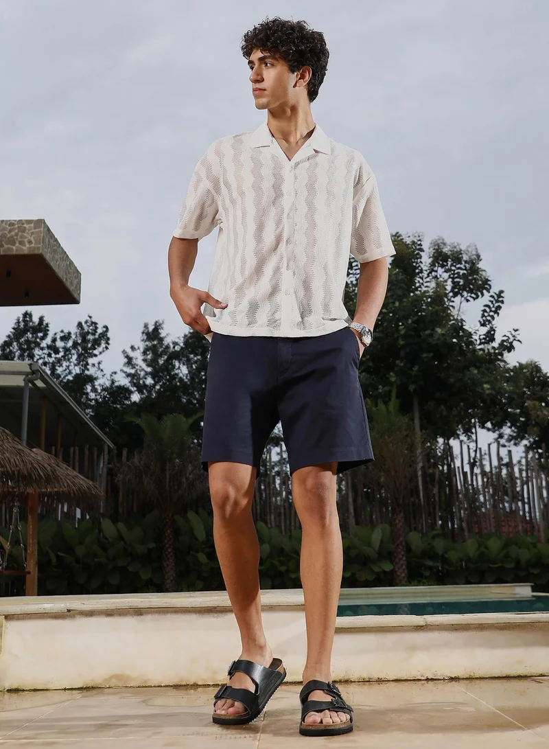 Campus Sutra Campus Sutra Men Swirl Flat-Knit Resort Oversized Shirt | Cuban Collar Short Regular Sleeves | Button Closure Straight Hem | Solid Jacquard | Knitted Fabric For Casual & Vacation Wear | Cloud White