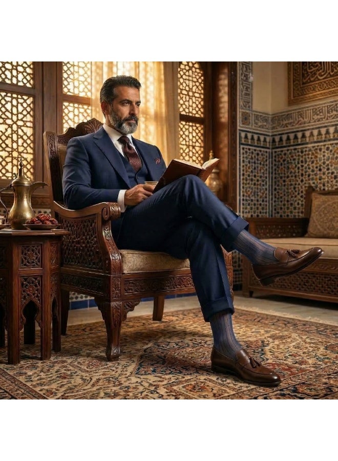 جنت موبين جوارب رجالية عالية الساق بخطوط عريضة، بتصميم مضلّع يغطي ربلة الساق، مقاسات أوروبية 40-45 - كحلي مع مقدمة ذهبية - Image 5