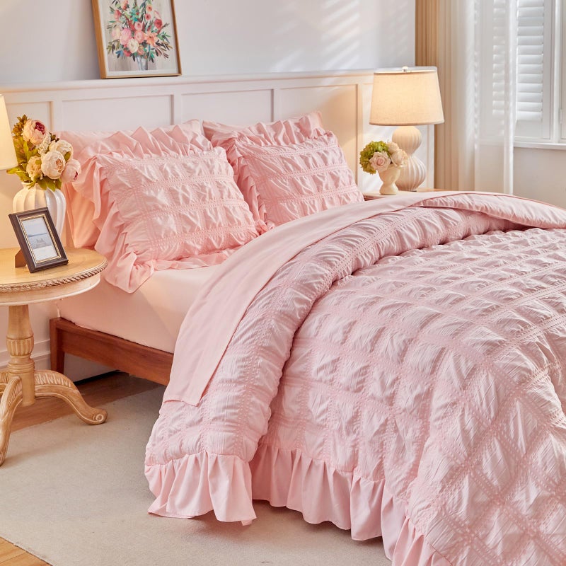Flysheep Blush Pink Plaid Seersucker Duvet Cover Set with Wide Ruffled Fringe Queen Size, 3 Pieces Soft Bedding Set for All Season, Queen Farmhouse Bed Set with Ruffle Shams (Blush Pink, Queen) - Image 3
