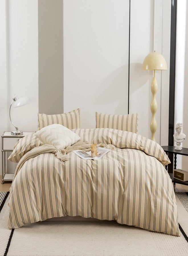 ECOCOTT Duvet Cover Twin Size - Linen Feel Organic Natural 100% Washed Cotton, Soft Breathable & Durable Bedding Set, Comfy Stripe Design for All Seasons - Image 1