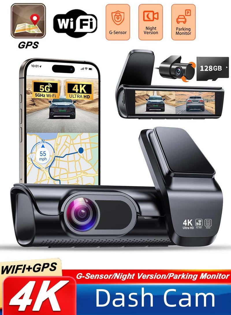 Digisand 4k 8MP Dash Cam Front and Rear, 3.59" IPS Screen, Built-in GPS 5G WiFi Dash Camera for Cars with App, UHD 2160P Night Vision Free 128G SD Card, 170° Wide Angle, HDR, ADAS,24H Parking Mode - Image 1