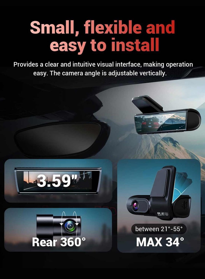 Digisand 4k 8MP Dash Cam Front and Rear, 3.59" IPS Screen, Built-in GPS 5G WiFi Dash Camera for Cars with App, UHD 2160P Night Vision Free 128G SD Card, 170° Wide Angle, HDR, ADAS,24H Parking Mode - Image 2