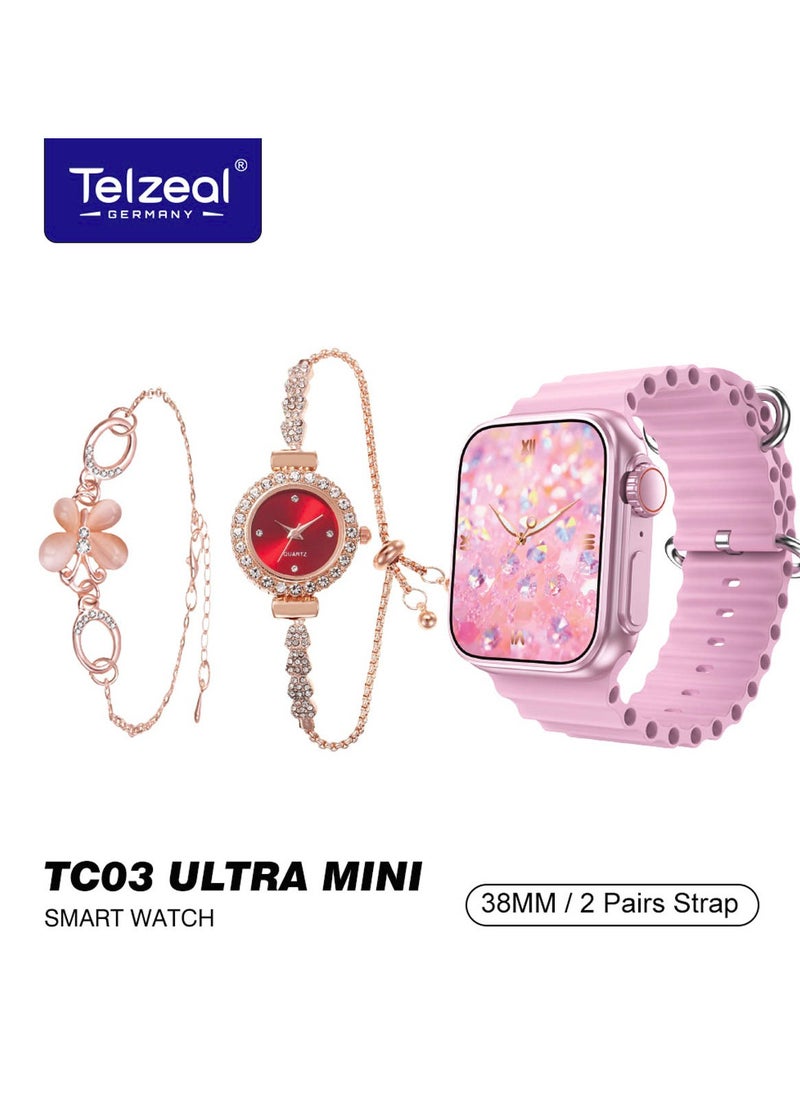 Telzeal Telzeal TC03 Ultra Mini 38 mm HD Display Smart Watch With 2 Pair Straps and Analog Watch and Bracelet Combo For Ladies Pink  - Image 3