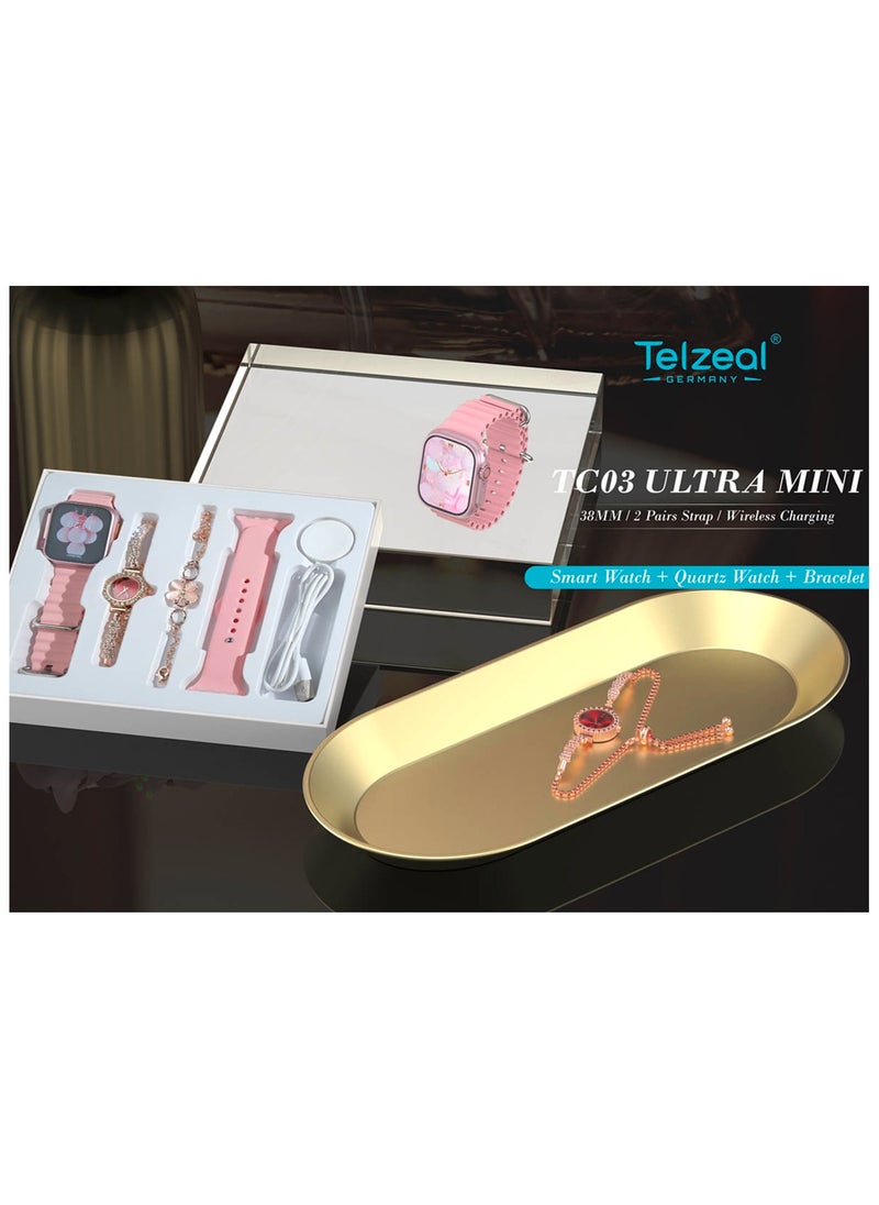 Telzeal Telzeal TC03 Ultra Mini 38 mm HD Display Smart Watch With 2 Pair Straps and Analog Watch and Bracelet Combo For Ladies Pink  - Image 5