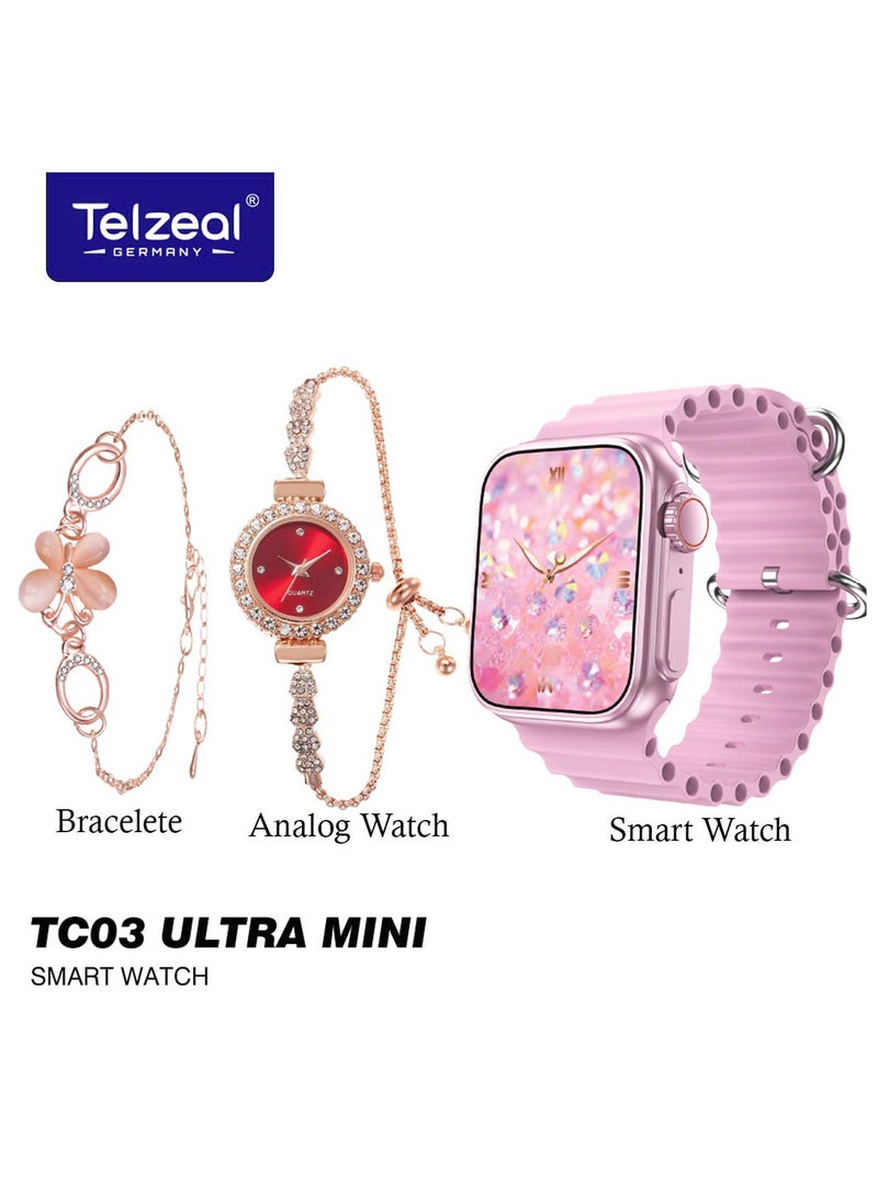 Telzeal Telzeal TC03 Ultra Mini 38 mm HD Display Smart Watch With 2 Pair Straps and Analog Watch and Bracelet Combo For Ladies Pink  - Image 4