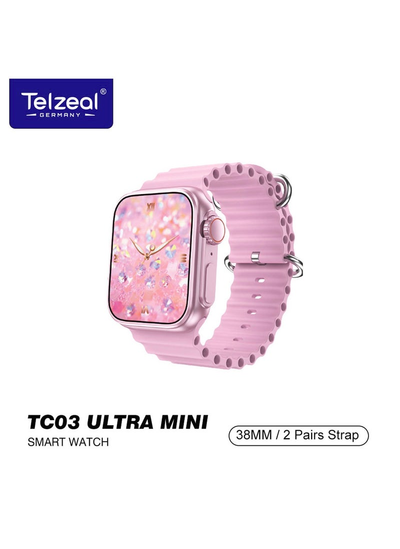 Telzeal Telzeal TC03 Ultra Mini 38 mm HD Display Smart Watch With 2 Pair Straps and Analog Watch and Bracelet Combo For Ladies Pink  - Image 1