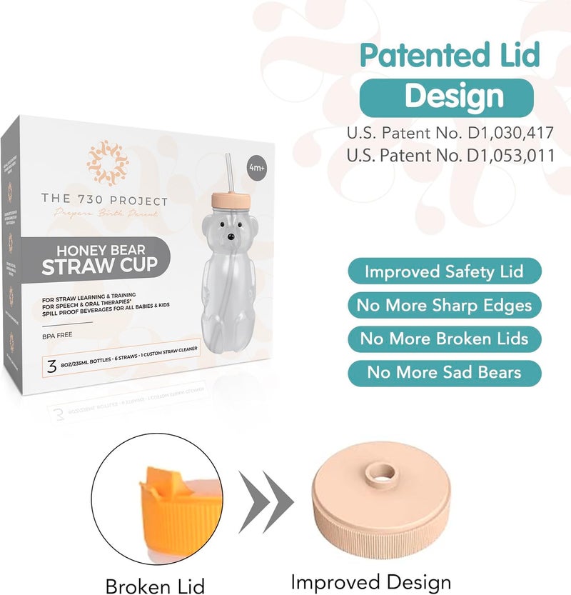 The 730 Project Honey Bear Straw Cup for Babies, 8-oz Honey Bear Cup with Lid, 3-Pack Therapy Learning Honeybear Straw, Baby Bottle Set, Creamsicle PEACH - Image 3