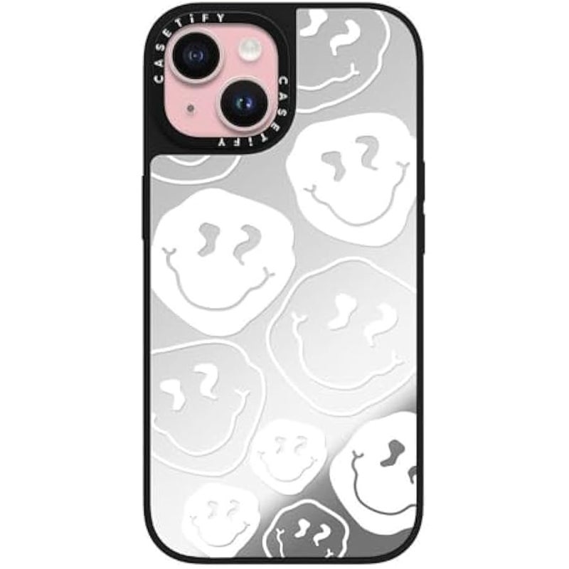 Casetify Mirror iPhone 15 Case 【Reflective / 4.9ft Drop Protection/Compatible with Magsafe】 - Smile, White Ink. - Silver on Black - Image 1