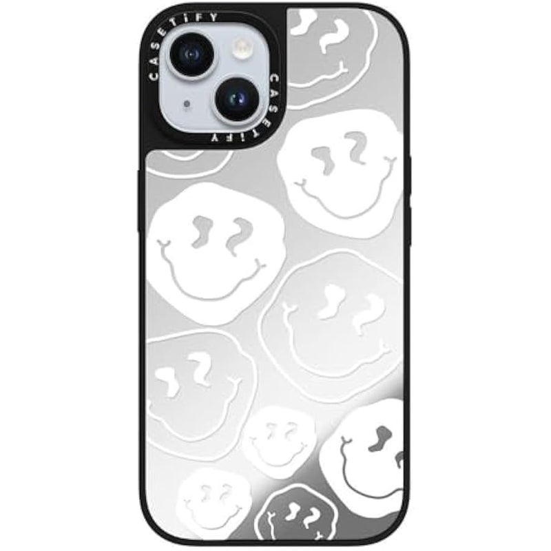 Casetify Mirror iPhone 15 Case 【Reflective / 4.9ft Drop Protection/Compatible with Magsafe】 - Smile, White Ink. - Silver on Black - Image 4