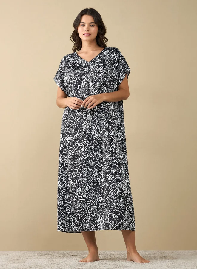 Splash FAV All-Over Floral Print Night Gown with Short Sleeves