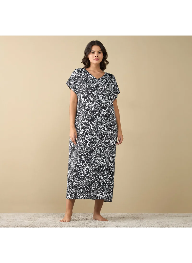 FAV All-Over Floral Print Night Gown with Short Sleeves