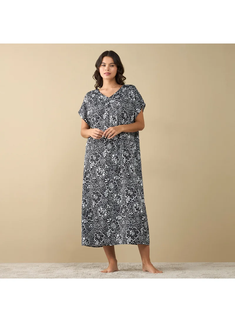 FAV All-Over Floral Print Night Gown with Short Sleeves