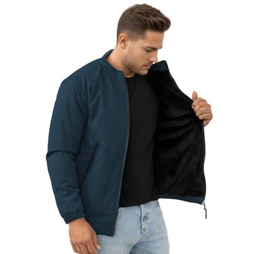 GYMIFIC jacket for men Zipped Stand Collar, Windproof Poca Cloth with Fur, 2 Front Pockets & Side Arm Pocket, Casual and Sportswear winter (T Blue) (IN, Alpha, L, Regular, Navy) - Image 4
