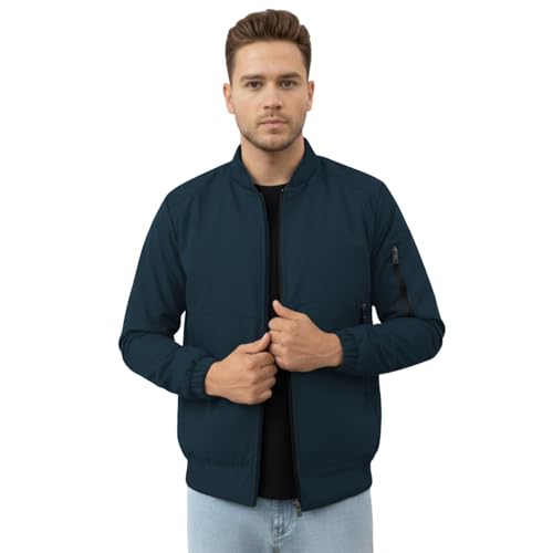 GYMIFIC jacket for men Zipped Stand Collar, Windproof Poca Cloth with Fur, 2 Front Pockets & Side Arm Pocket, Casual and Sportswear winter (T Blue) (IN, Alpha, L, Regular, Navy) - Image 1
