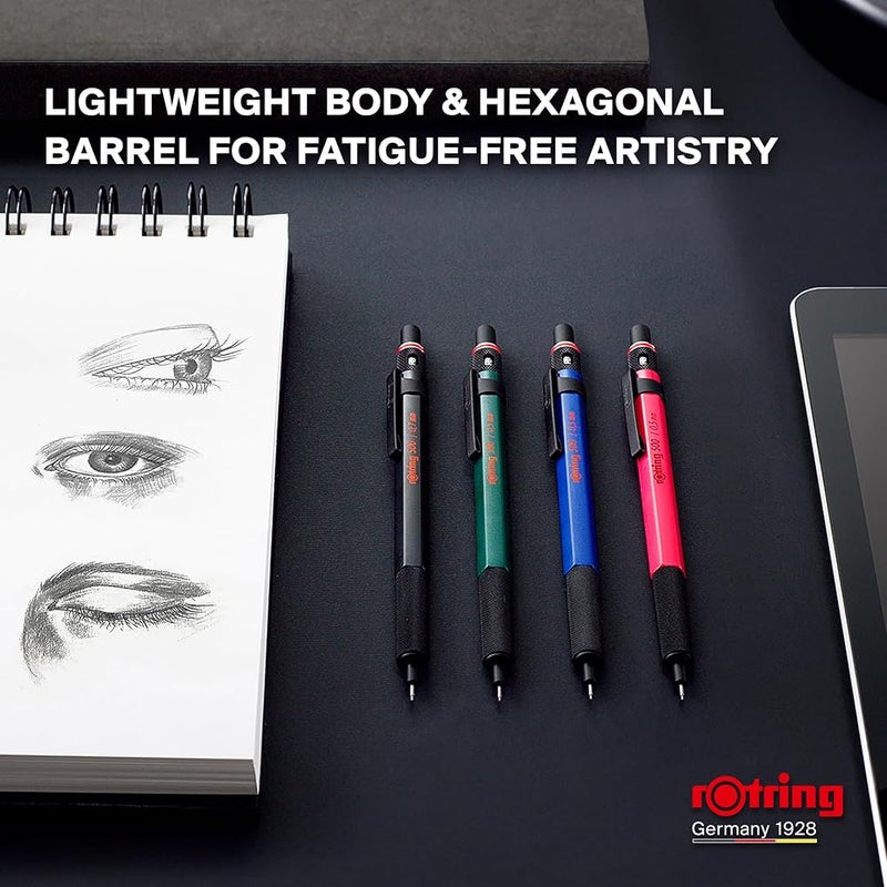 rOtring 500 Mechanical Pencil 0.5mm HB Lead Green hexagonal plastic barrel and non-slip textured metal grip - Image 2