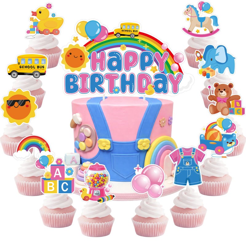 Aposwow Rachell Teacher Birthday Decorations - 49 Pcs Cartoon English Teachers Cupcake Topper Party Supplies Rachel Girl Rainbow ABC Bus Cake Decor for Cartoon Teacher Fans Birthday Baby Shower Decor - Image 1