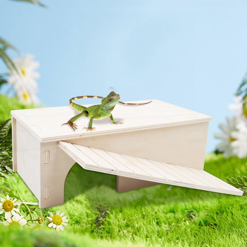Oooct Bearded Dragon Hide Cave, Wooden Lizard Hideout with Climbing Ramp, Reptile Habitat with Basking Platform, Tank Accessories for Bearded Dragon Lizard Chameleon Hamster 12.9 Ã— 11 Ã— 4.7 Inch - Image 2