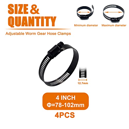 ISPINNER 4pcs 4 Inch Stainless Steel Adjustable 78-102mm Size Range Worm Gear Hose Clamp, Fuel Line Clamp for Plumbing, Automotive and Mechanical Application (Black) - Image 2