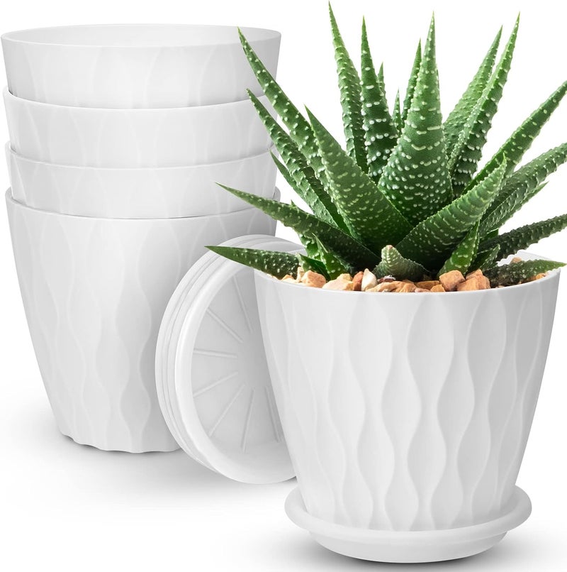 YNNICO 6 inch Plant Pots, 5 Pack Flower Pots Outdoor Indoor, Planters with Drainage Hole and Tray Saucer. - Image 1