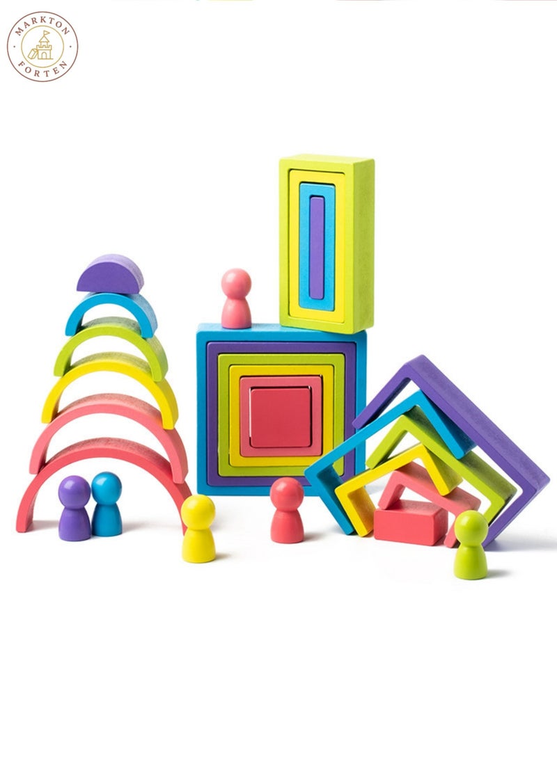 Montessori Rainbow Nesting Shapes & Peg Dolls Set, Wooden Stacking, Sorting & Color Matching Toy for Toddlers, Indoor Outdoor Activity for Kids, Early Learning Preschool Wooden Educational Toys - Image 1