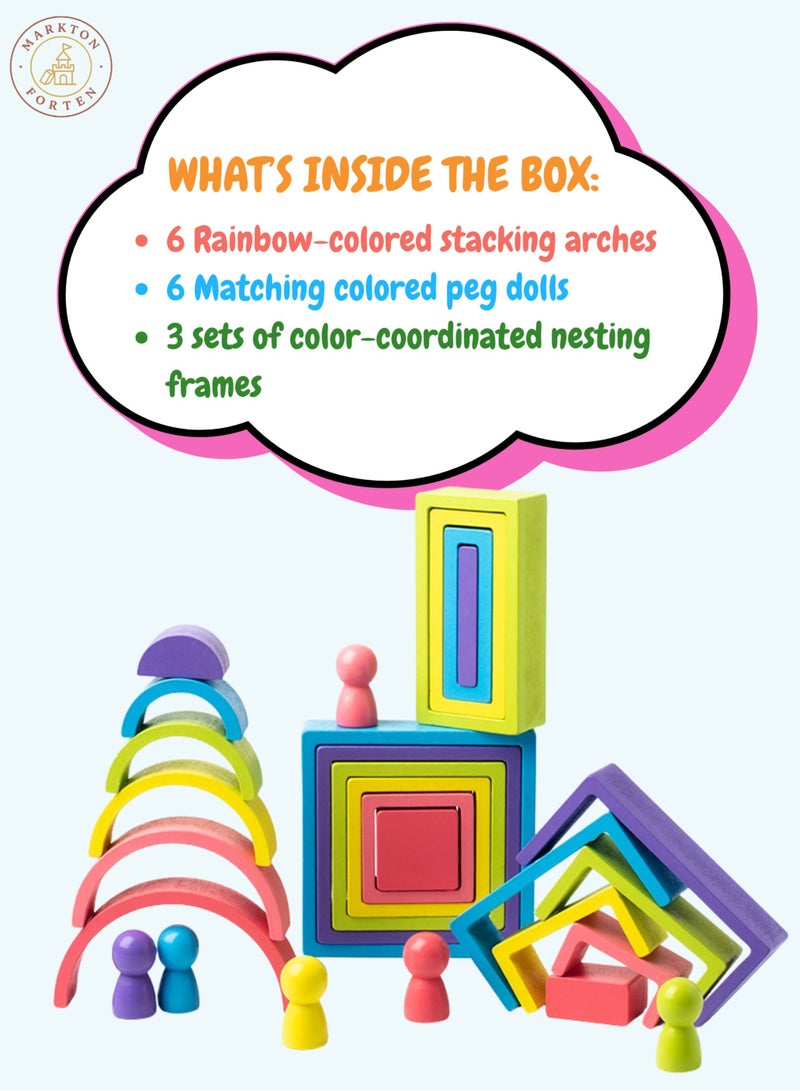 Montessori Rainbow Nesting Shapes & Peg Dolls Set, Wooden Stacking, Sorting & Color Matching Toy for Toddlers, Indoor Outdoor Activity for Kids, Early Learning Preschool Wooden Educational Toys - Image 4