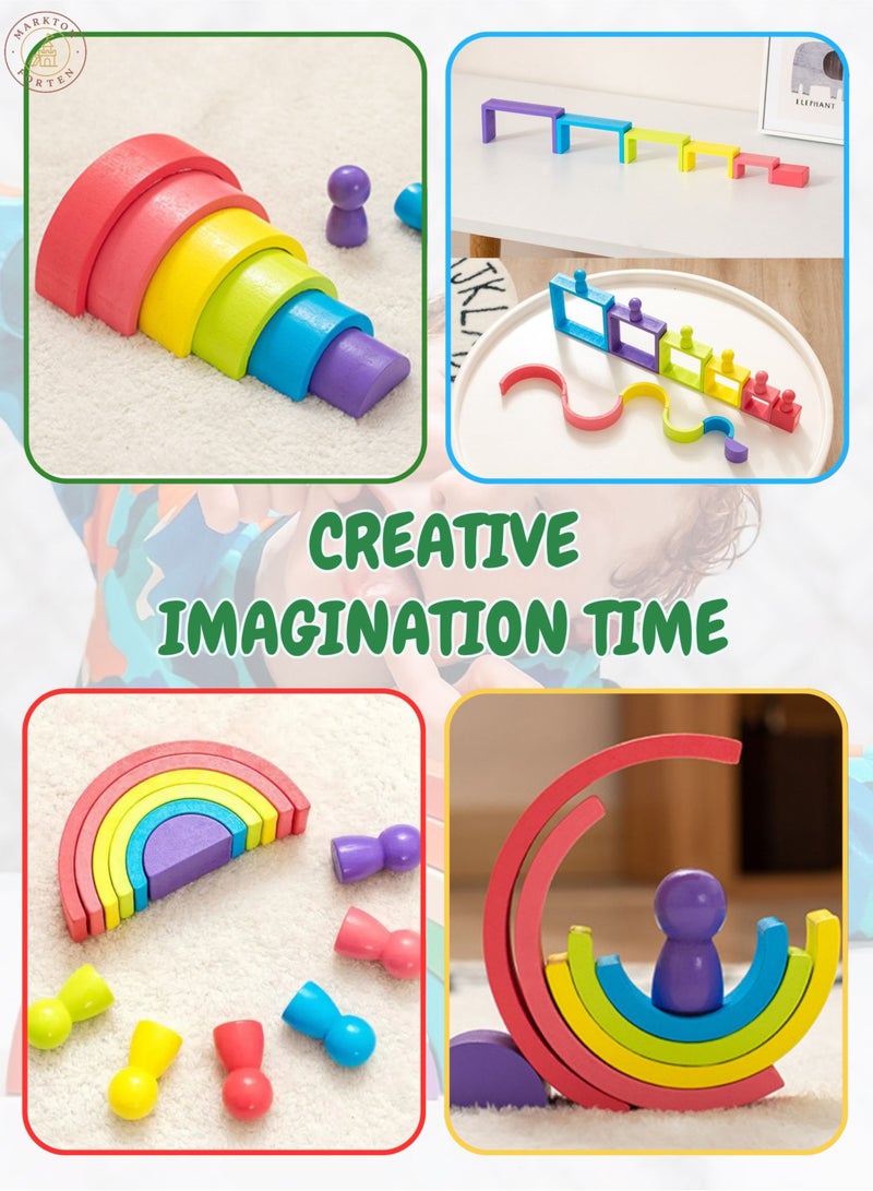 Montessori Rainbow Nesting Shapes & Peg Dolls Set, Wooden Stacking, Sorting & Color Matching Toy for Toddlers, Indoor Outdoor Activity for Kids, Early Learning Preschool Wooden Educational Toys - Image 3