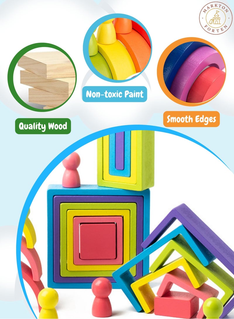 Montessori Rainbow Nesting Shapes & Peg Dolls Set, Wooden Stacking, Sorting & Color Matching Toy for Toddlers, Indoor Outdoor Activity for Kids, Early Learning Preschool Wooden Educational Toys - Image 2