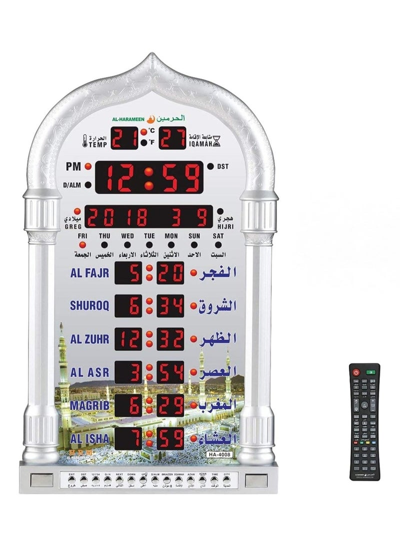 HA-4008 ساعة حائط إسلامية رقمية LED، ساعة حائط لأوقات صلاة المسجد، ساعة مسجد مع أذان كامل (أبيض)  - Image 1