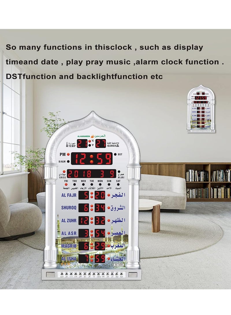 HA-4008 ساعة حائط إسلامية رقمية LED، ساعة حائط لأوقات صلاة المسجد، ساعة مسجد مع أذان كامل (أبيض)  - Image 4