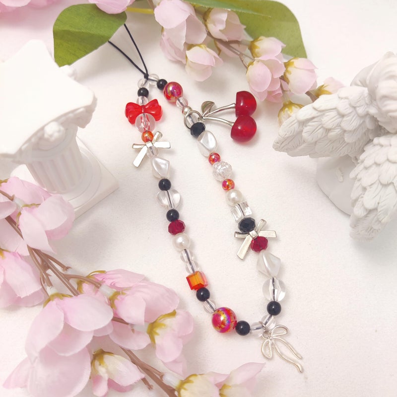 cioatu Phone Charms Cute Cherry Butterfly Cell Phone Lanyard Strap Wrist Strap for Bag Airpods Camera Pendants Decor (Bow Cherries) - Image 2
