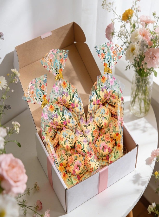 وولاين مجموعة من 100 كيس هدايا سيلوفان مزين بأزهار الربيع من والين، أكياس حلوى شفافة مزينة بأزهار برية بألوان مائية، أكياس بلاستيكية مزودة برباطات لولبية، مثالية للوجبات الخفيفة والبسكويت وهدايا حفلات الربيع. - Image 4