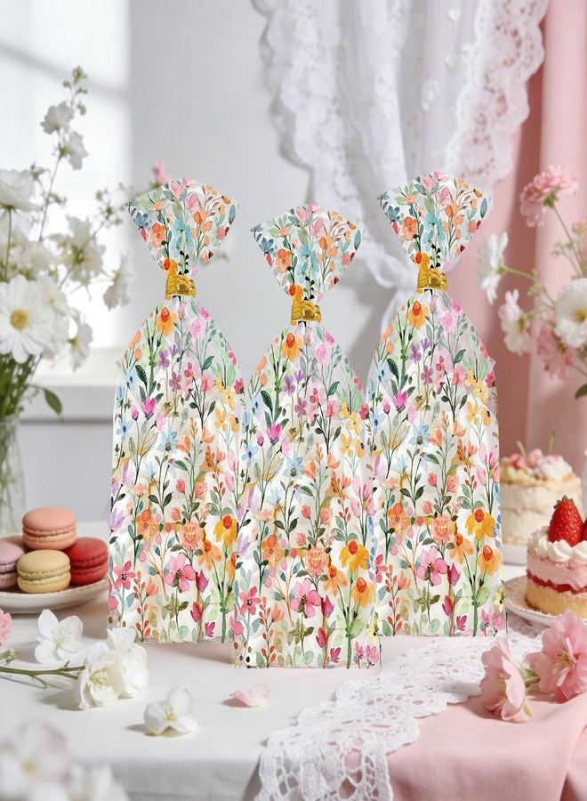 وولاين مجموعة من 100 كيس هدايا سيلوفان مزين بأزهار الربيع من والين، أكياس حلوى شفافة مزينة بأزهار برية بألوان مائية، أكياس بلاستيكية مزودة برباطات لولبية، مثالية للوجبات الخفيفة والبسكويت وهدايا حفلات الربيع. - Image 5