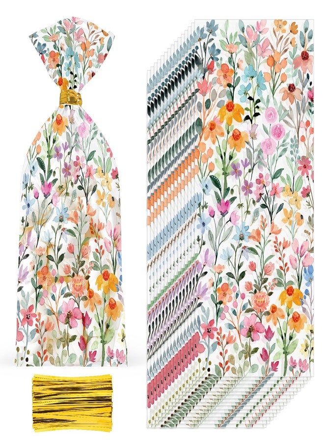 وولاين مجموعة من 100 كيس هدايا سيلوفان مزين بأزهار الربيع من والين، أكياس حلوى شفافة مزينة بأزهار برية بألوان مائية، أكياس بلاستيكية مزودة برباطات لولبية، مثالية للوجبات الخفيفة والبسكويت وهدايا حفلات الربيع. - Image 1