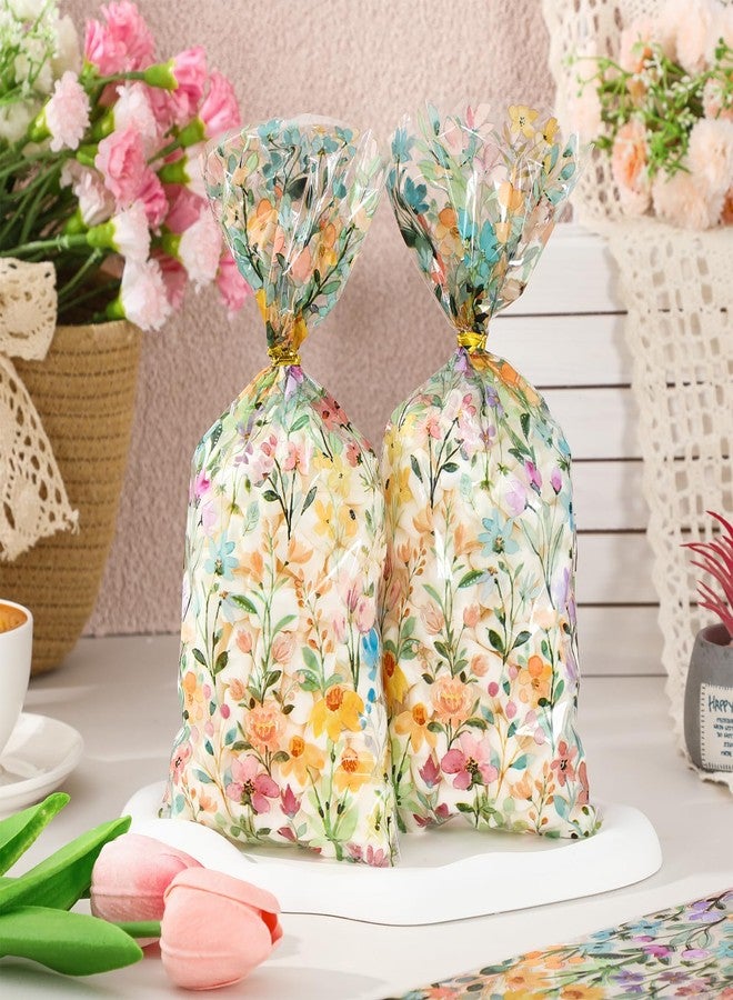 وولاين مجموعة من 100 كيس هدايا سيلوفان مزين بأزهار الربيع من والين، أكياس حلوى شفافة مزينة بأزهار برية بألوان مائية، أكياس بلاستيكية مزودة برباطات لولبية، مثالية للوجبات الخفيفة والبسكويت وهدايا حفلات الربيع. - Image 3