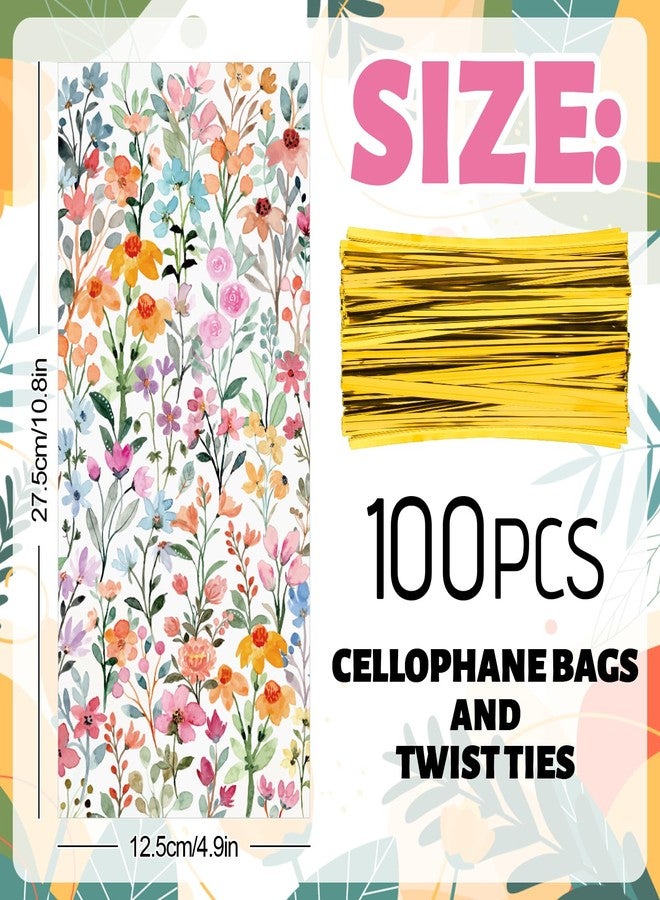 وولاين مجموعة من 100 كيس هدايا سيلوفان مزين بأزهار الربيع من والين، أكياس حلوى شفافة مزينة بأزهار برية بألوان مائية، أكياس بلاستيكية مزودة برباطات لولبية، مثالية للوجبات الخفيفة والبسكويت وهدايا حفلات الربيع. - Image 2