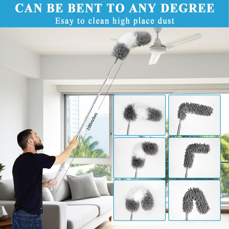 HLWDFLZ Microfiber Duster Kit 27pcs with 30 to 100 Inches Extension Pole and Wall Cleaner Mop, Washable and Bendable Feather Duster for Cleaning Ceiling Fans, High Ceilings, Cobwebs, Blinds, Grey - Image 3