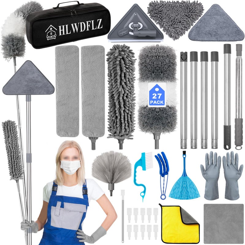 HLWDFLZ Microfiber Duster Kit 27pcs with 30 to 100 Inches Extension Pole and Wall Cleaner Mop, Washable and Bendable Feather Duster for Cleaning Ceiling Fans, High Ceilings, Cobwebs, Blinds, Grey - Image 1