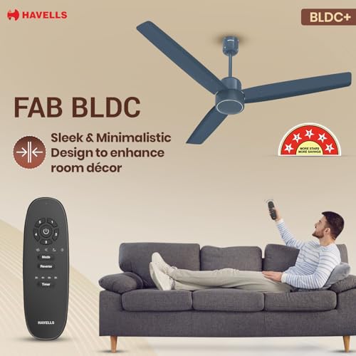 Havells FAB BLDC Ceiling Fan 1200mm, 380 RPM, Savings upto 65%, Reverse Rotation, 4 Modes (Boost, Sleep, Breeze, Mop), Low Wattage 30W, Low Noise, Air Flow:225 CMM, 3 Year Warranty, Denim Blue - Image 4