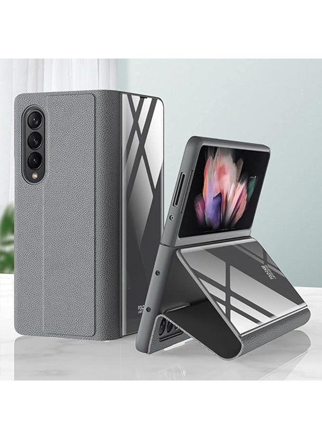 Phone Case Leather Case Galaxy Z Fold 3 5G, 【Leather + 9H Tempered Glass】 Screen Back Case Case with Stand - Image 1