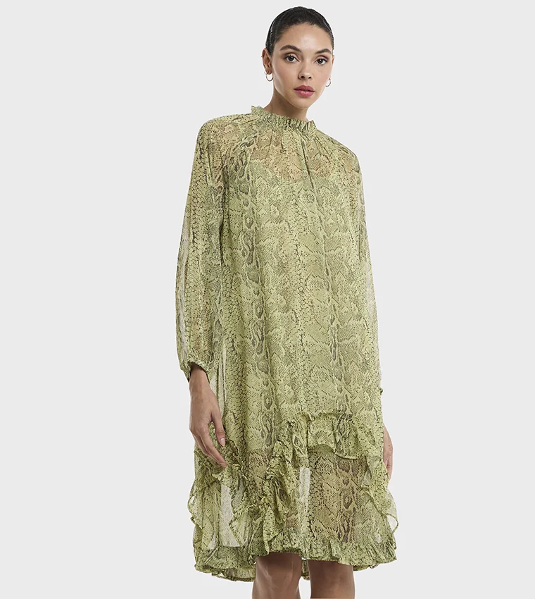 بي سي بي جي Printed Ruffle Neck Dress