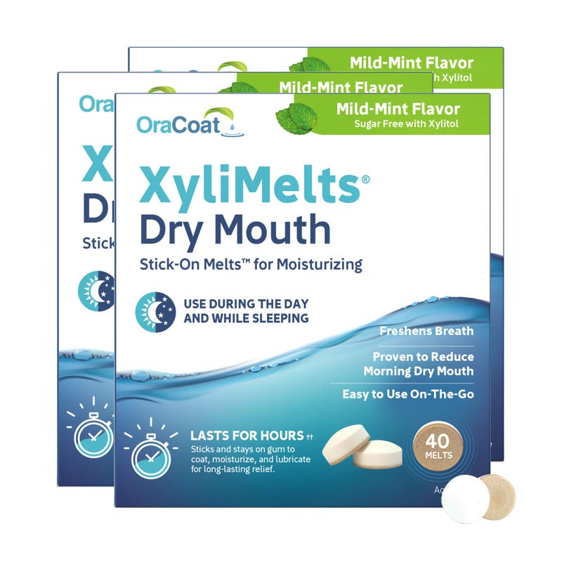 Oracoat XyliMelts for Dry Mouth Night Time or Day - Moisturizing Dry Mouth Adhering Discs, Sugar Free with Xylitol, 40 Count - Pack of 3, Mild Mint Flavor, 8-Hour Relief - Image 1