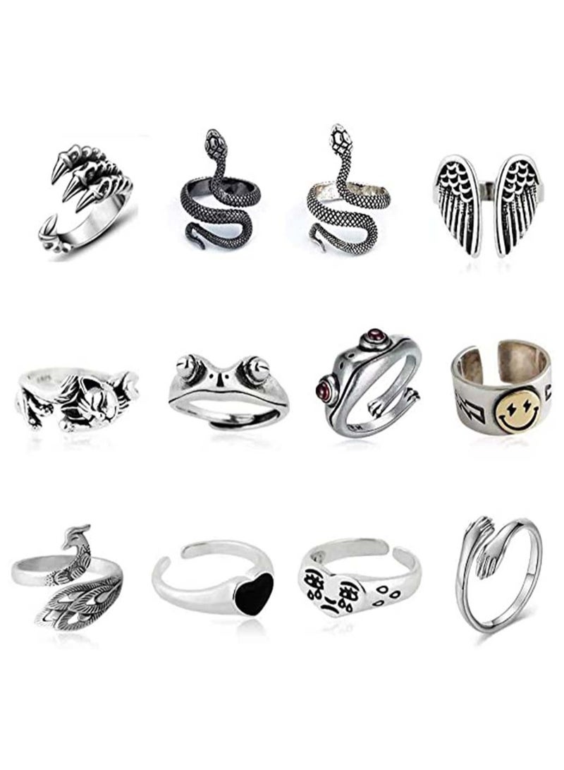 12 Pcs Silver Plated Frog Rings Set Cute Animal Open Pack Vintage Goth Hippie Matching and Stylish Snake Hug Cat Lucky Face for Couples Gift Women Men Girls - Image 1
