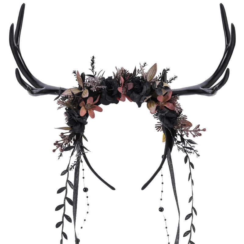 MOSTORY Black Flower Antler Headpiece Dark Floral Reindeer Headband for Witch Aesthetic Cosplay Renaissance Accessories Women Gothic Deer Horns Headband with Vine for Fantasy Photo Shoot - Image 2