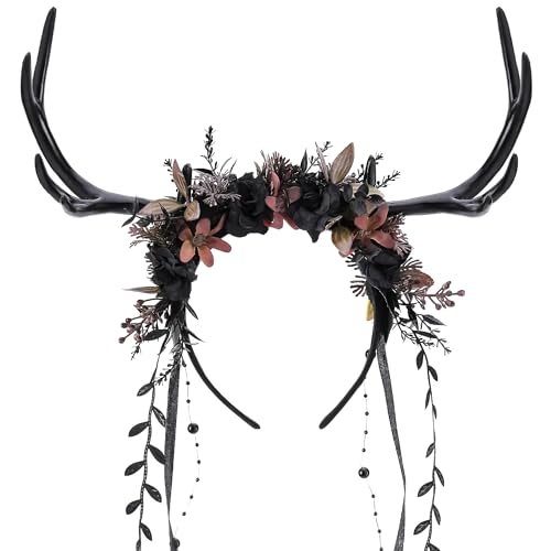MOSTORY Black Flower Antler Headpiece Dark Floral Reindeer Headband for Witch Aesthetic Cosplay Renaissance Accessories Women Gothic Deer Horns Headband with Vine for Fantasy Photo Shoot - Image 1