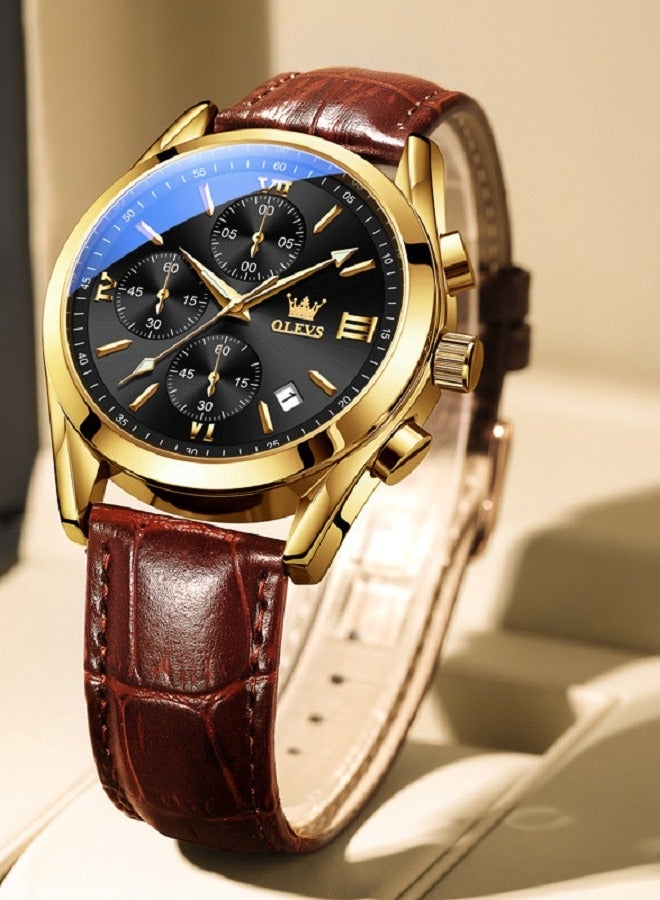 OLEVS Watch for Men pu leather Strap Chronograph Luxury Multifunction Dial Luminous Waterproof Calendar Moon Phase Analog Quartz Sports Wrist Watches - Image 1