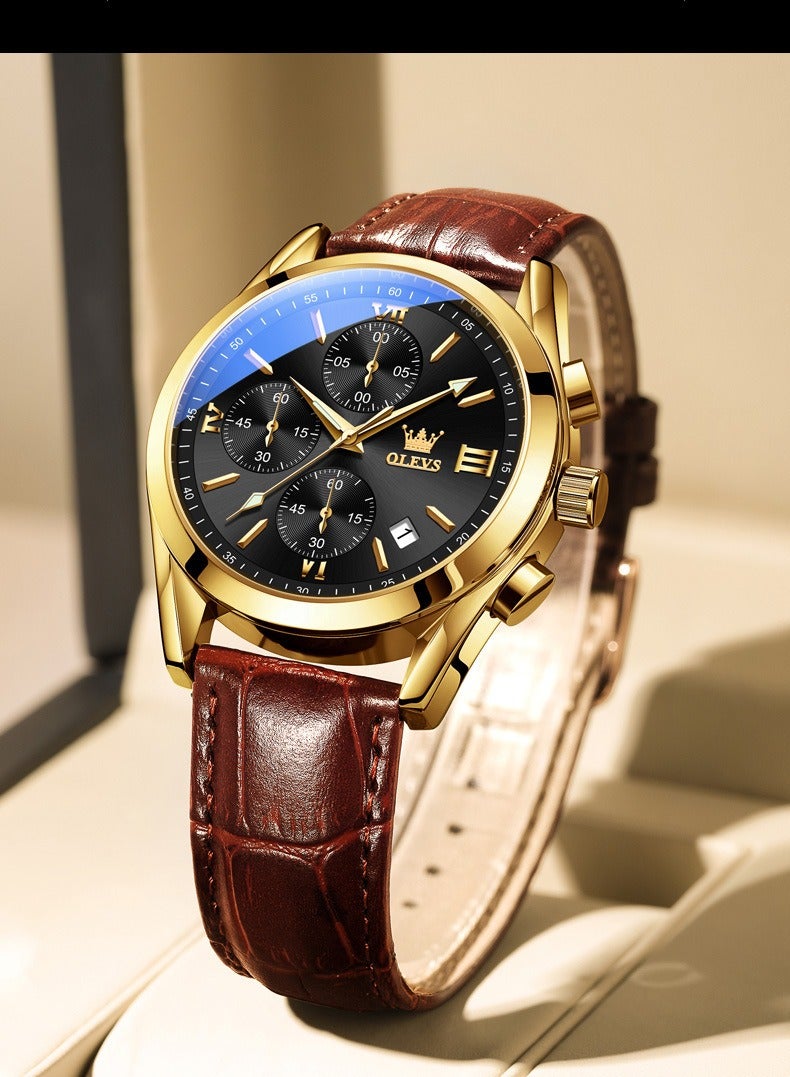 OLEVS Watch for Men pu leather Strap Chronograph Luxury Multifunction Dial Luminous Waterproof Calendar Moon Phase Analog Quartz Sports Wrist Watches - Image 3
