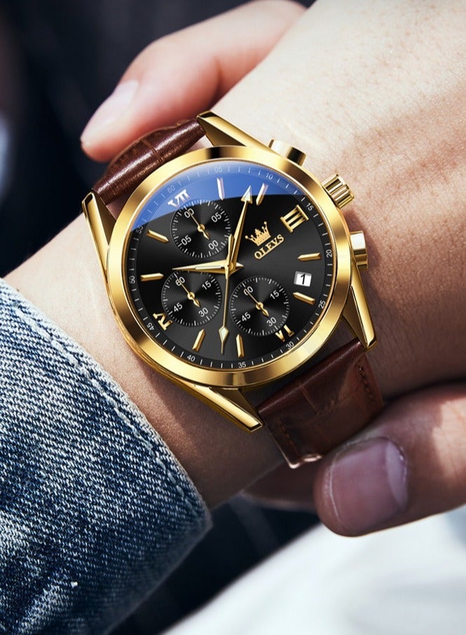 OLEVS Watch for Men pu leather Strap Chronograph Luxury Multifunction Dial Luminous Waterproof Calendar Moon Phase Analog Quartz Sports Wrist Watches - Image 5