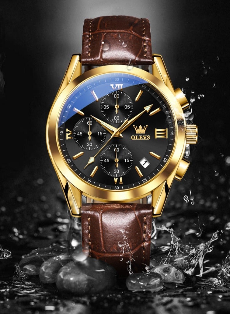OLEVS Watch for Men pu leather Strap Chronograph Luxury Multifunction Dial Luminous Waterproof Calendar Moon Phase Analog Quartz Sports Wrist Watches - Image 2
