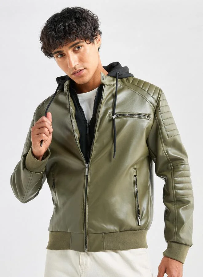 Splash FAV Solid Bomber Jacket with Hood and Zip Closure